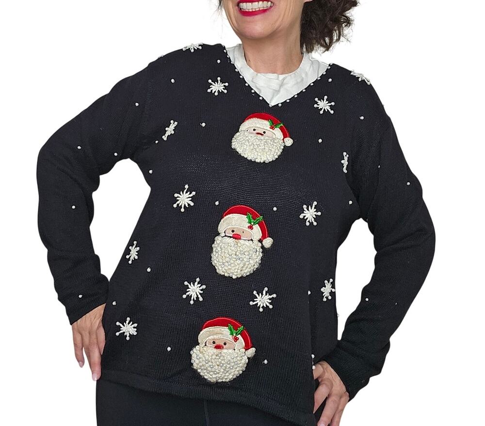 Vintage Christmas Sweater V-Neck 3D Santa Black White Pearls Size Large